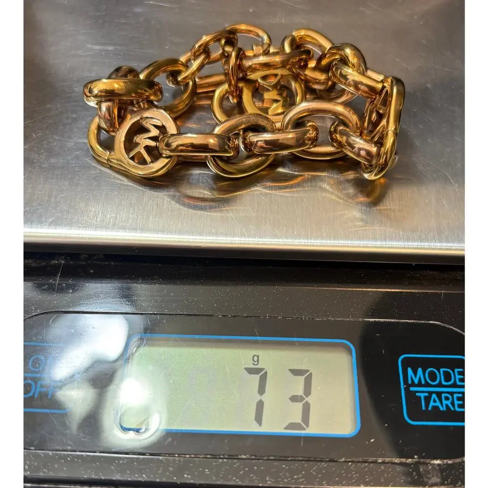 Michael Kors Chunky Gold Tone Chain Bracelet w/ MK Charms Toggle Sz 6.5”